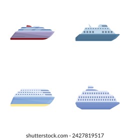 Ferry boat icons set cartoon vector. Passenger or cargo ferry ship. Sea transportation vehicle