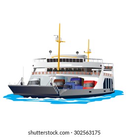 Ferry Boat isolated on white background. It is taking cars and trucks crossing the harbor. Vector, illustration.