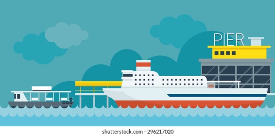 Ferry Boat Pier Flat Design Illustration Icons Objects, Side View,  Station Concept