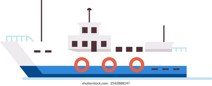 Barco de balsa navegando na água, com salva-vidas, oferecendo transporte seguro e confiável através de corpos de água