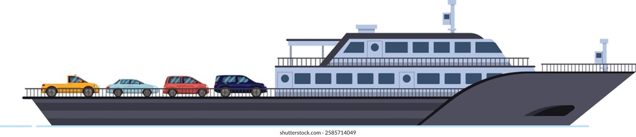 Ferry boat transporting cars across a scenic waterway, providing a convenient travel option for both vehicles and passengers while navigating the open sea or river