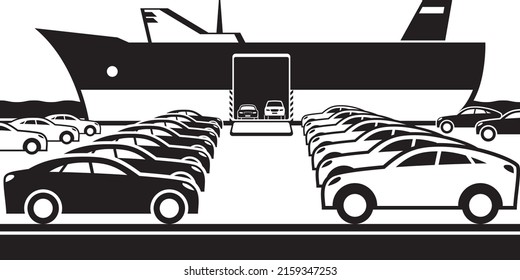 Ferry boat  unloading new cars - vector illustration