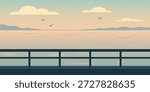 Ferry dock railing silhouette illustration. Calm water surface with gentle ripples. Distant shoreline shapes along the horizon. Wide open sky with bird silhouettes above.