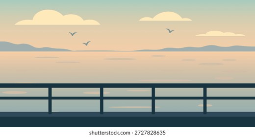 Ilustración de silueta de barandilla de muelle de ferry. Superficie de agua tranquila con ondulaciones suaves. Formas costeras distantes a lo largo del horizonte. Cielo abierto con siluetas de pájaros arriba.