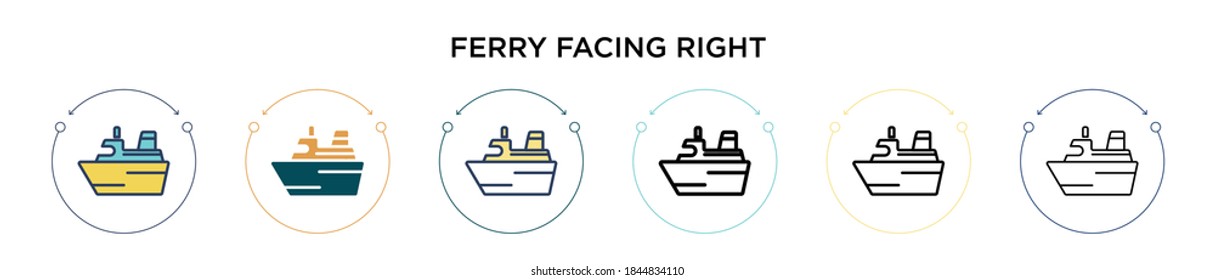 Ferry facing right icon in filled, thin line, outline and stroke style. Vector illustration of two colored and black ferry facing right vector icons designs can be used for mobile, ui, web