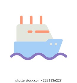 Ferry flach Farbe ui Symbol. Schiff, das Passagiere über das Meer transportiert. GPS-Navigation. Luxuskreuzfahrt. Einfaches gefülltes Element für mobile App. Farbiges Piktogramm. Vektor-einzelne RGB-Illustration