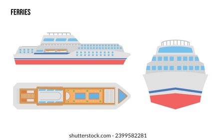 Ferry Flat design illustration, Public Vehicles , top view, side view, front view, isolated by white background