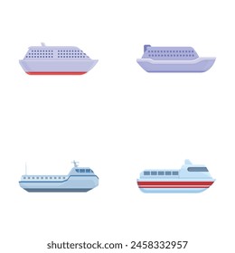 Ferry icons set cartoon vector. Various passenger or cargo ferry ship. Sea transportation vehicle