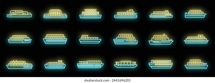 Ferry icons set outline vector. Boat delivery. Public cargo neon color on black