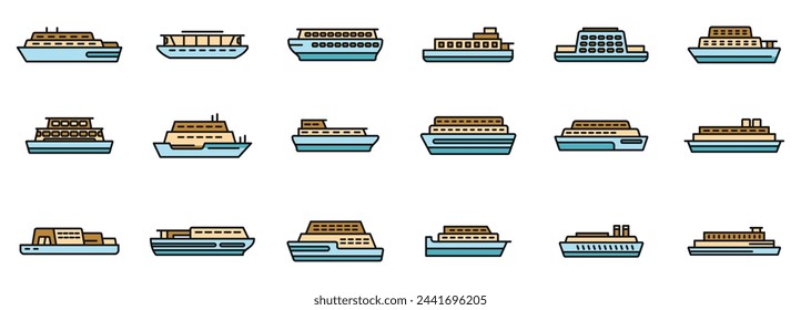 Ferry icons set outline vector. Boat delivery. Public cargo thin line color flat isolated