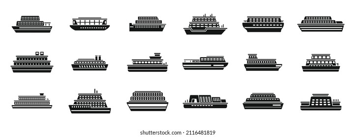 Ferry icons set simple vector. Boat delivery. Public cargo