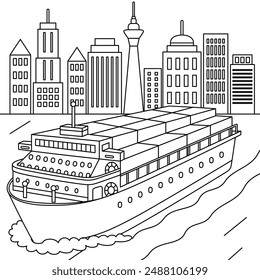 Ferry on cityscape background, transportation, vehicle, outline coloring page 