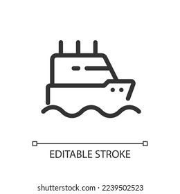 Ferry pixel perfect linear ui icon. Boat transporting passengers across sea. GPS navigation. GUI, UX design. Outline isolated user interface element for app and web. Editable stroke. Arial font used