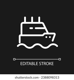 Ferry pixel perfect white linear ui icon for dark theme. Boat transporting passengers. Vector line pictogram. Isolated user interface symbol for night mode. Editable stroke. Arial font used