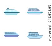 Ferry ship icons set cartoon vector. Passenger or cargo ferry ship. Sea transportation vehicle