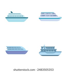 Iconos de ferry conjunto de dibujos animados Vector. Transbordador de pasajeros o carga. Vehículo de transporte marítimo