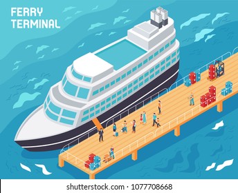 Ferry terminal with modern vessel, tourists and loaders with cargo on pier, isometric vector illustration