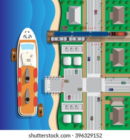 Ferry. View from above. Vector illustration. Applique with realistic shadows.