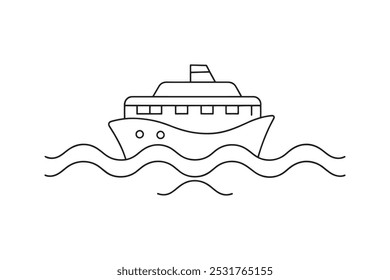 Ferry Water Transport isolated continuous line art flat vector illustration on white background.