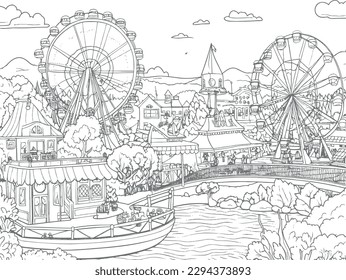 Ferry Wheel in park vector coloring book black and white for adults isolated line art on white background.