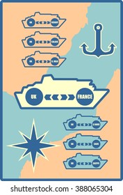 Ferryboat ship design element. Seaway line connection transport ferry vessel web background. Ideal for web site or social media network cover profile image.Routes from France to UK