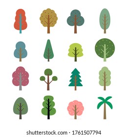 fertile trees in a variety of forms. Set of various tree sets. Trees for decorating gardens and home designs. forest tree nature plant isolated eco foliage. Flat vector illustration and icon.