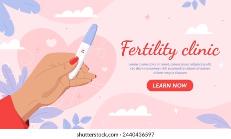 Fertility clinic banner. Woman with pregnacy test. Female reproductive system. Health care and treatment, medicine. Anatomy and biology. Landing webpage design. Cartoon flat vector illustration