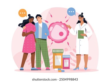 Concepto de médico de fertilidad. El hombre y la mujer acudieron al ginecólogo para una visita. Sistema reproductivo masculino y femenino y fertilidad. Tratamiento y salud, medicina. Ilustración vectorial plana