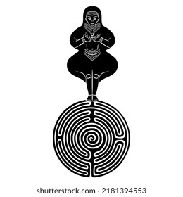 Fertility goddess standing on a round spiral maze or labyrinth symbol. Ancient Iranian Ishtar or Inanna. Great mother archetype. Creative concept. Black and white silhouette. 