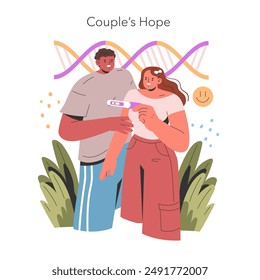 Fertility Journey concept. An expectant couple gazes at a positive pregnancy test with hopeful smiles, amidst DNA strands and joyful motifs. Vector illustration.