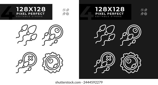 Fertility linear icons set for dark, light mode. Ovul insemination, sperm egg infertility. Reproduction system. Thin line symbols for night, day theme. Isolated illustrations. Editable stroke