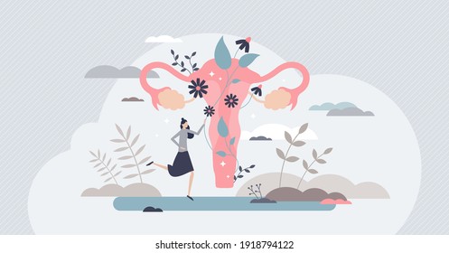 Fertility as medical reproduction healthcare and checkup tiny person concept. Woman gynecology organ health and wellness examination vector illustration. Decorative and abstract uterus visualization.