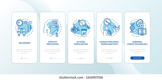 Fertility medication onboarding mobile app page screen with concepts. In vitro fertilization. Reproduction walkthrough 5 steps graphic instructions. UI vector template with RGB color illustrations