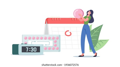 Fertility and Pregnancy Control, Contraception. Tiny Female Character Hold Huge Pink Pill Apply Oral Contraceptive in Time stand at Calendar, Pills Blister and Alarm Clock. Cartoon Vector Illustration