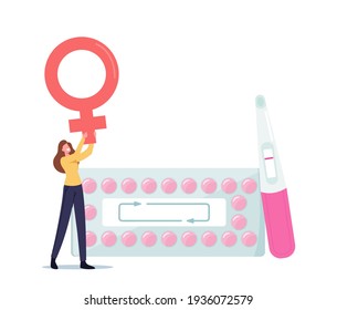 Fertilität und Schwangerschaftskontrolle, Empfängnisverhütung. Kleine weibliche Charaktere halten riesiges Venus-Symbol in der Nähe von Blister mit rosafarbenen Pillen und testen mit einem Streifen, orale Kontrazeptiva. Cartoon-Vektorgrafik