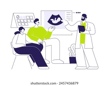 Fertility testing and counseling abstract concept vector illustration. Married couple with doctor discussing fertilization process, meeting with a reproductive specialist abstract metaphor.