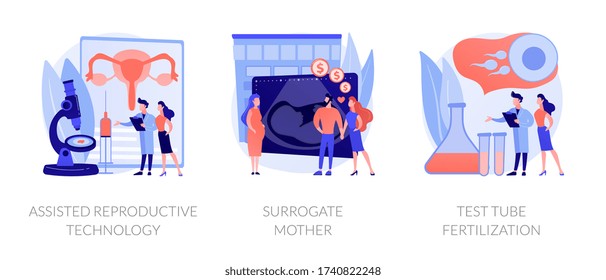 Fertility treatment and artificial insemination metaphors. Assisted reproductive technology, surrogate mother, test tube fertilization abstract concept vector illustration set.