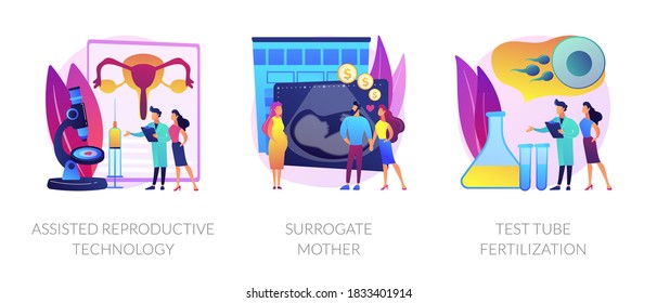 Fertility treatment and artificial insemination metaphors. Assisted reproductive technology, surrogate mother, test tube fertilization abstract concept vector illustration set.