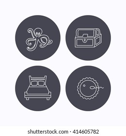 Fertilization, double bed and octopus icons. Treasure chest linear signs. Flat icons in circle buttons on white background. Vector