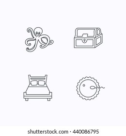 Fertilization, double bed and octopus icons. Treasure chest linear signs. Flat linear icons on white background. Vector