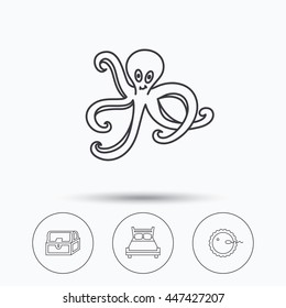 Fertilization, double bed and octopus icons. Treasure chest linear signs. Linear icons in circle buttons. Flat web symbols. Vector