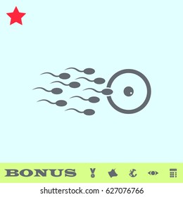 Fertilization icon flat. Grey pictogram on blue background. Vector illustration symbol and bonus buttons medal, cow, earth, eye, calculator