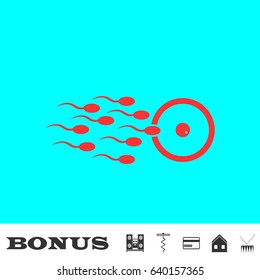 Fertilization icon flat. Red pictogram on blue background. Vector illustration symbol and bonus buttons Music center, corkscrew, credit card, house, drum