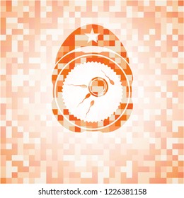 fertilization icon inside abstract emblem, orange mosaic background