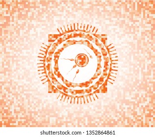 fertilization icon inside abstract emblem, orange mosaic background