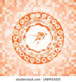 fertilization icon inside abstract emblem, orange mosaic background