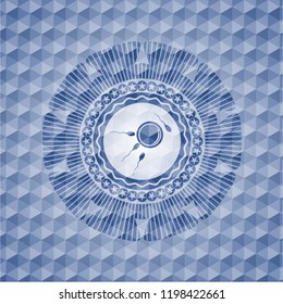 fertilization icon inside blue emblem with geometric background.