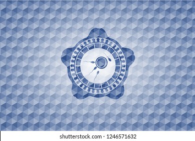 fertilization icon inside blue emblem with geometric pattern background.