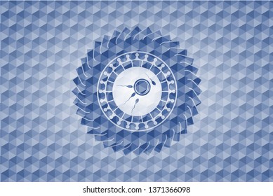 fertilization icon inside blue emblem with geometric pattern.