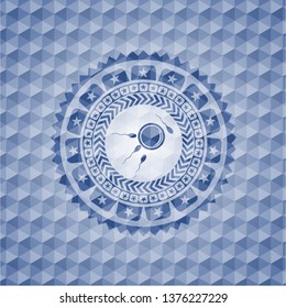 fertilization icon inside blue emblem with geometric pattern background.